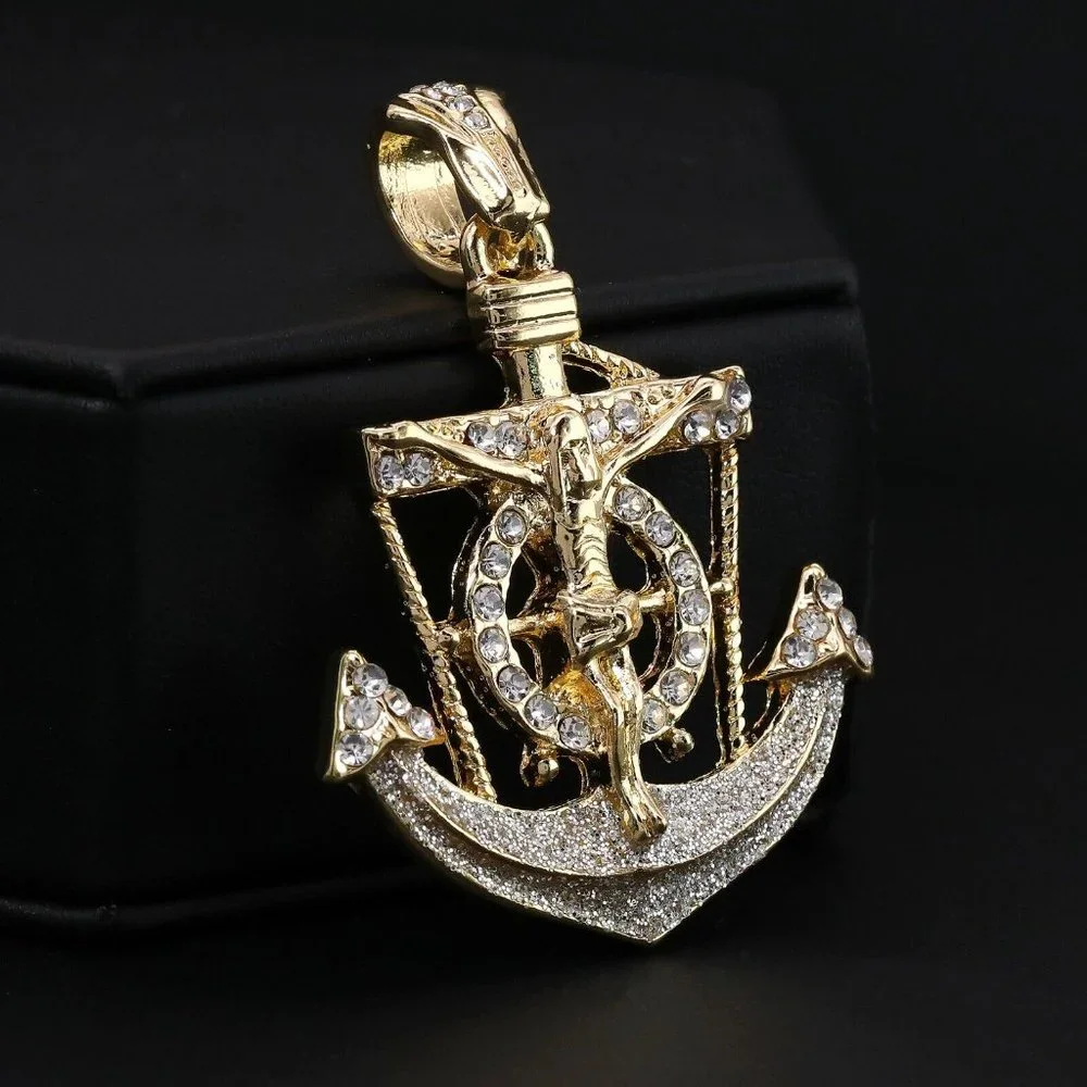 14k Gold Jesus Anchor Cuban Pendant + Necklace